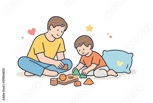 Quiet family afternoon at home focused on shared presence and gentle everyday closeness, a parent and child sitting on the floor sorting simple wooden