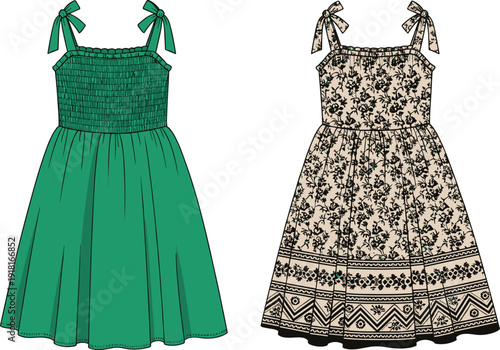 Set of two girls summer dresses with tie straps, featuring one solid green smocked bodice dress and one floral print beige dress.