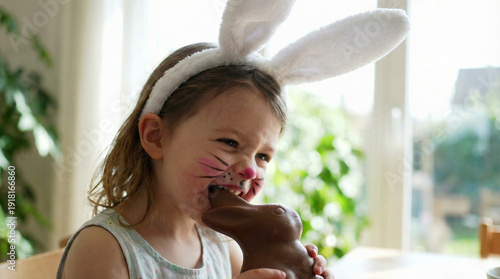 Cute Girl Eating Chocolate Easter Bunny