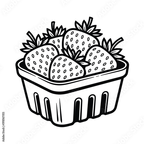 A black and white illustration of fresh strawberries in a plastic container