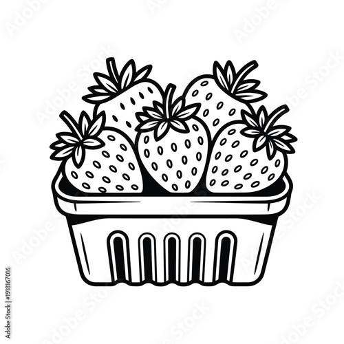 A black and white illustration of strawberries in a plastic container