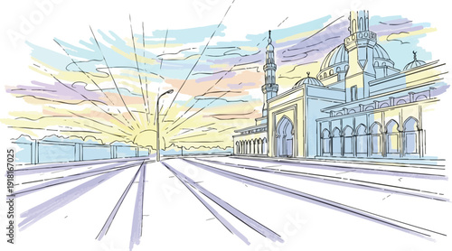 Hand drawn vector art of large mosque building with dome and minaret at sunrise on wide road perspective in soft pastel colors and clear sky background