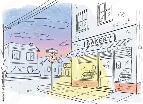 Hand drawn style street corner bakery store front illuminated at dusk with fresh baked bread display and sunny sidewalk and residential houses surrounding background