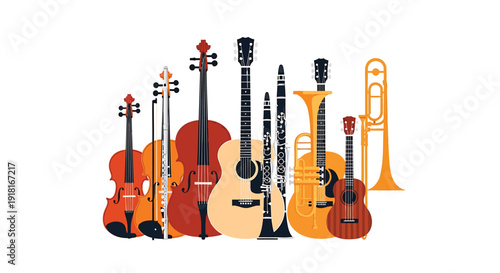 Musical instruments vector icon collection. Includes violin, cello, double bass, guitar, saxophone, trumpet, and more. Created in colorful style with vibrant palette