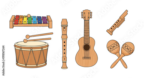 Musical instrument icon collection. Includes drum, xylophone, flute, guitar, maracas. Created in colorful flat style with brown and beige palette.