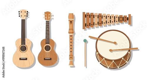 Musical instrument vector icon set. Includes guitar, ukulele, flute, xylophone, and drum. Created in flat style with colorful palette.