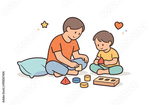 Quiet family afternoon at home focused on shared presence and gentle everyday closeness, a parent and child sitting on the floor sorting simple wooden