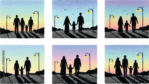 Silhouette family walking at sunset holding hands on street with lamp posts and colorful sky background vector art illustration landscape style with long shadows and peaceful mood