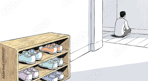 Minimalist vector art showing person sitting on floor corner with back turned near wooden shoe rack filled with colorful sneakers in quiet indoor space