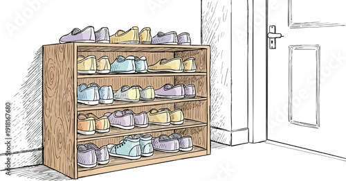 Hand drawn wooden shoe rack filled with multicolored casual shoes different sizes placed near white door in minimalistic home interior sketch style