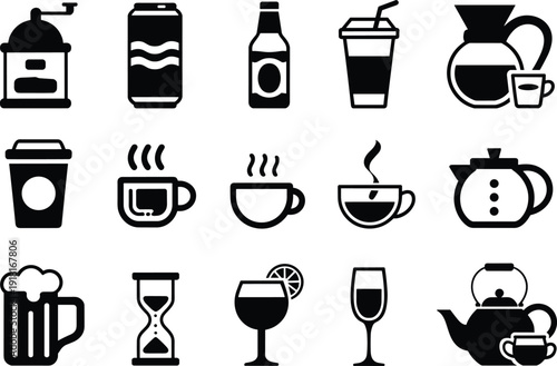 Beverage drink icons set, coffee tea beer wine soda bottles cups collection, cafe restaurant menu illustration
