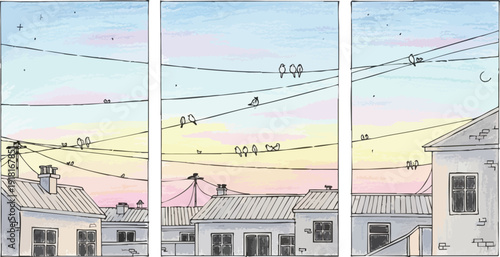 Soft pastel sky with birds sitting on electric wires over gray rooftops and chimneys in a calm urban setting at sunset in a three panel scenic vector illustration