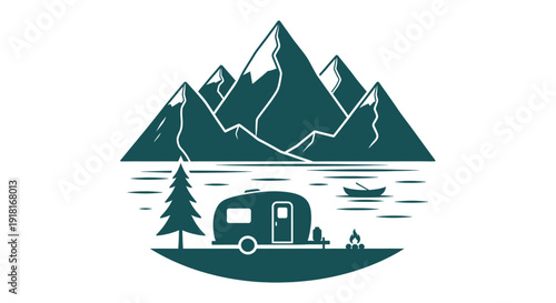A serene campsite nestled in the mountains with a tent and a camper van