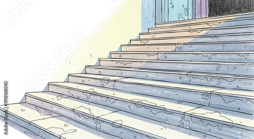 Vector art close up low angle view of concrete stairs with textured surface and worn patches leading upwards with soft natural lighting and subtle shadows