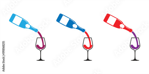 Icon set of wine being poured from a bottle into a tall wine glass, on a black and white background. Vector illustration