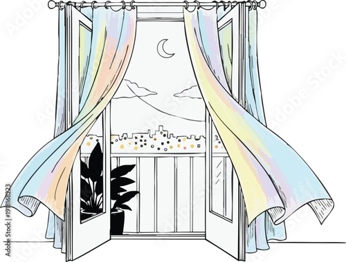 Colorful illustration of open balcony doors with flowing pastel curtains revealing night cityscape under crescent moon and clouds with silhouette plant indoors