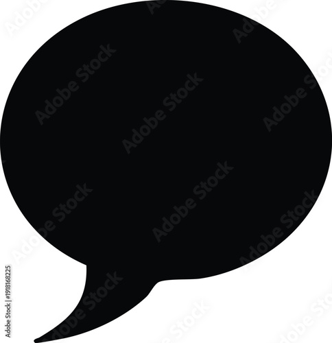 A solid black speech bubble with a pointed tail on a white background talk chat