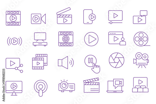 Audio and Video web icons in line style. Cinema, speaker, online, picture, play button, music, collection. Editable stroke. Vector illustration.