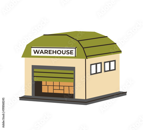 Warehouse vector illustration. Goods import and export shipping, ground transportation logistic business. For banner, poster, ads