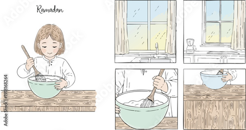 Hand drawn vector art of a young girl whisking in a green bowl on wooden table during ramadan in cozy kitchen with morning sun through window illustration set