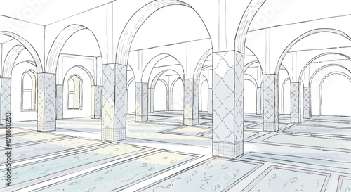 Minimalist vector art showing spacious islamic prayer hall with multiple detailed arches and patterned columns bright natural light illuminating calm religious interior space urban architecture