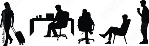Business people silhouettes set, office workers, desk workspace, traveler with suitcase, corporate professionals, isolated black figures, workplace concept