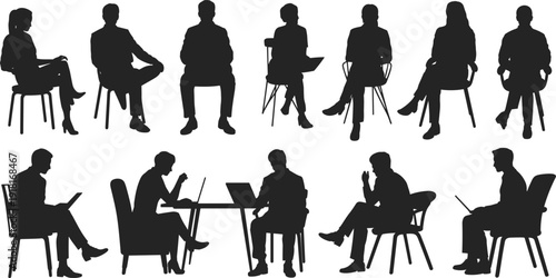 Business people sitting silhouettes collection, office workers meeting interview discussion isolated on white background vector set