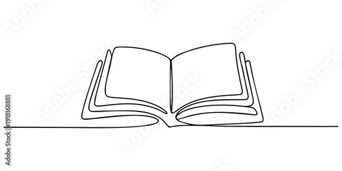book continuous one line drawing, Continuous one line drawing of an open book, symbolizing knowledge, education, learning, and literary storytelling concept art Vector, illustration, One line drawing