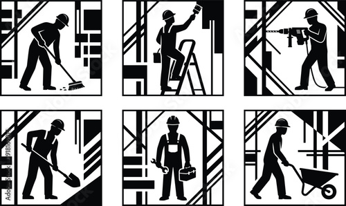 Construction worker silhouette set with builder tools and industrial labor scenes isolated on white background vector illustration