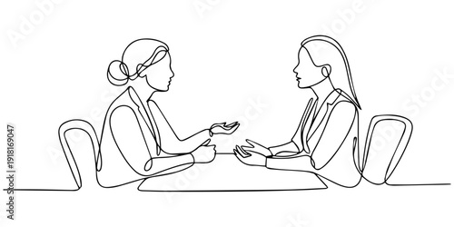 Two women are talking at the table continuous one line drawing, Job interview - vector modern simple one line design composition with recruiter and candidate. Continuous Line Drawing of Two women