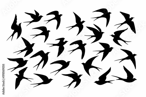 A flock of black birds in flight, depicted as silhouettes against a white background in a minimalist vector graphic design