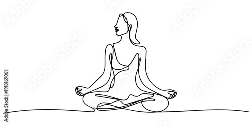 Woman sitting in lotus pose yoga continuous one line drawing, Woman sitting in lotus pose yoga. Continuous one line drawing. one line Icon drawing with white background, Drawing of a woman sitting