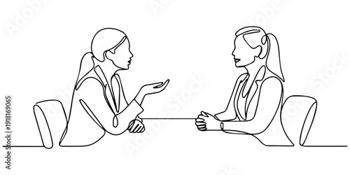 Two women are talking at the table continuous one line drawing, Job interview - vector modern simple one line design composition with recruiter and candidate. Continuous Line Drawing of Two women