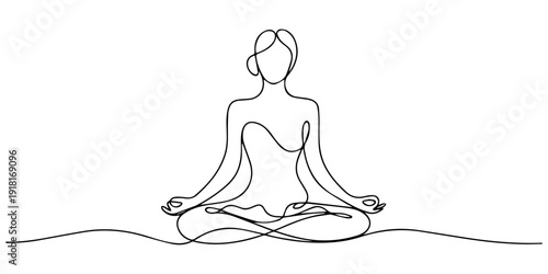 Woman sitting in lotus pose yoga continuous one line drawing, Woman sitting in lotus pose yoga. Continuous one line drawing. one line Icon drawing with white background, Drawing of a woman sitting