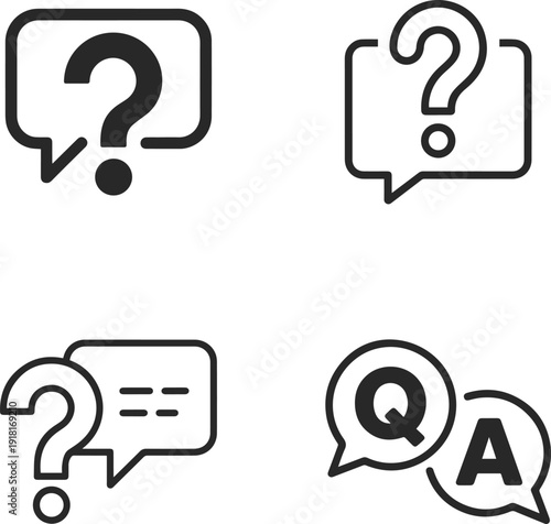 Four distinct black and white icons representing questions, answers, and inquiries within speech bubbles.