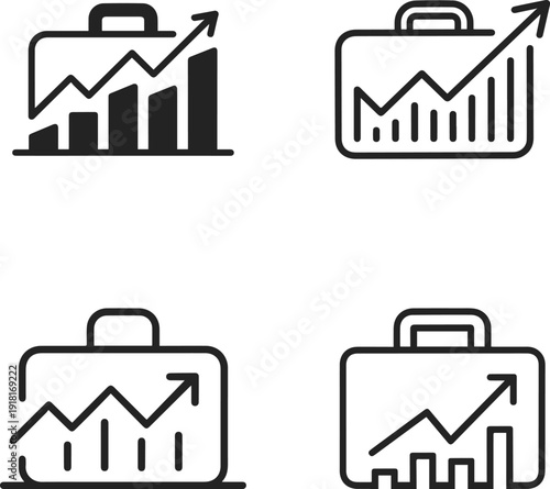 Set of four suitcase icons representing business growth and financial success with ascending bar charts.