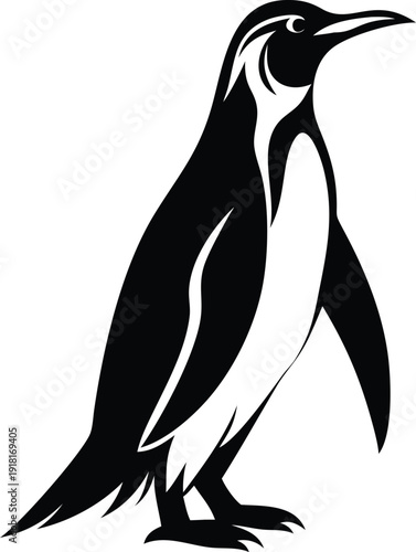A black and white illustration of a penguin standing upright