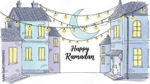 Soft pastel colored village houses with glowing street lights and crescent moon hanging with string lights greeting happy ramadan festive night scene cozy calm illustration