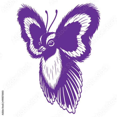 Whimsical purple illustrated creature resembling a bird with butterfly wings and a fluffy body isolated on a clean white background