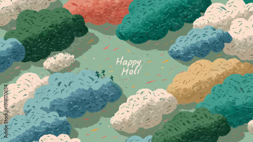 Pixel art Happy Holi Poster with Dreamy Powder Clouds and Artistic Textured Vector Background