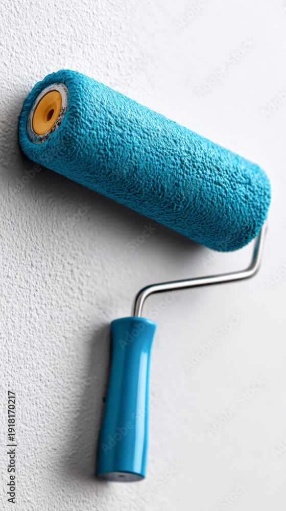 Fototapeta premium Professional painting roller on textured wall for home improvement and renovation projects