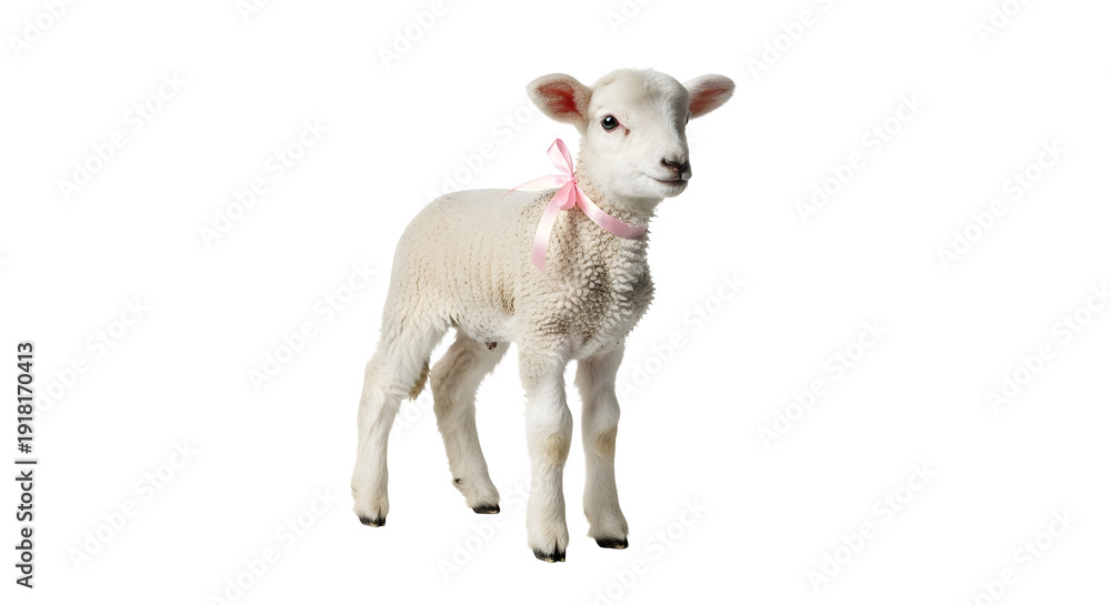 Obraz premium A white lamb with a pink bow on its neck standing on a transparent background