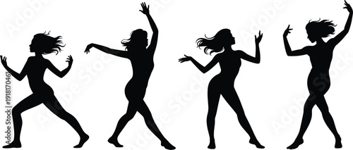 Dancing women silhouettes collection, female dancers poses, energetic movement illustration, black isolated figures, modern dance concept, fitness lifestyle