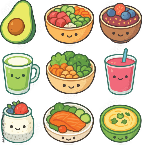 Cute Kawaii Healthy Food Sticker Set With Avocado, Bowls, Smoothies And Happy Characters, conveying healthy eating, fun, and colorful food design for kids and brands