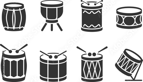 Drum musical instrument icons set, percussion band collection, snare bass tom drum illustration isolated on white