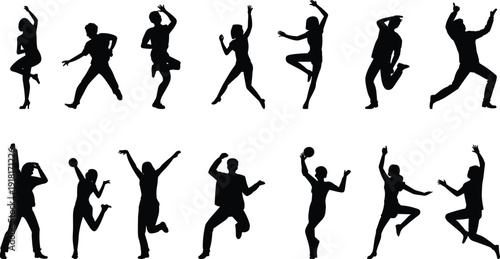 Dancing people silhouette set with men and women jumping and celebrating isolated on white background vector illustration
