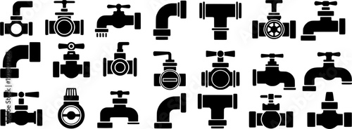 Vector set of plumbing valves, water taps, pipe fittings and connectors. Black silhouette icons for plumbing, pipeline systems and industrial equipment.