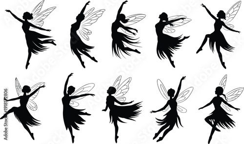 Fairy silhouettes collection with wings, magical flying fantasy characters, enchanted pixie illustration set isolated