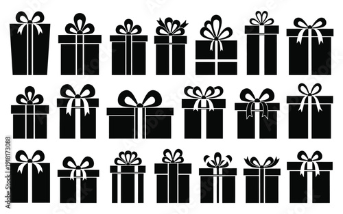 Black and white gift box icons arranged in rows