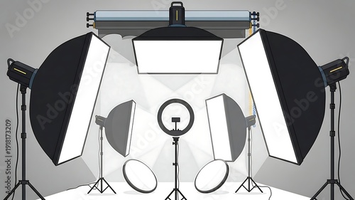 Illustration of professional photo studio lighting equipment set up for professional photography work